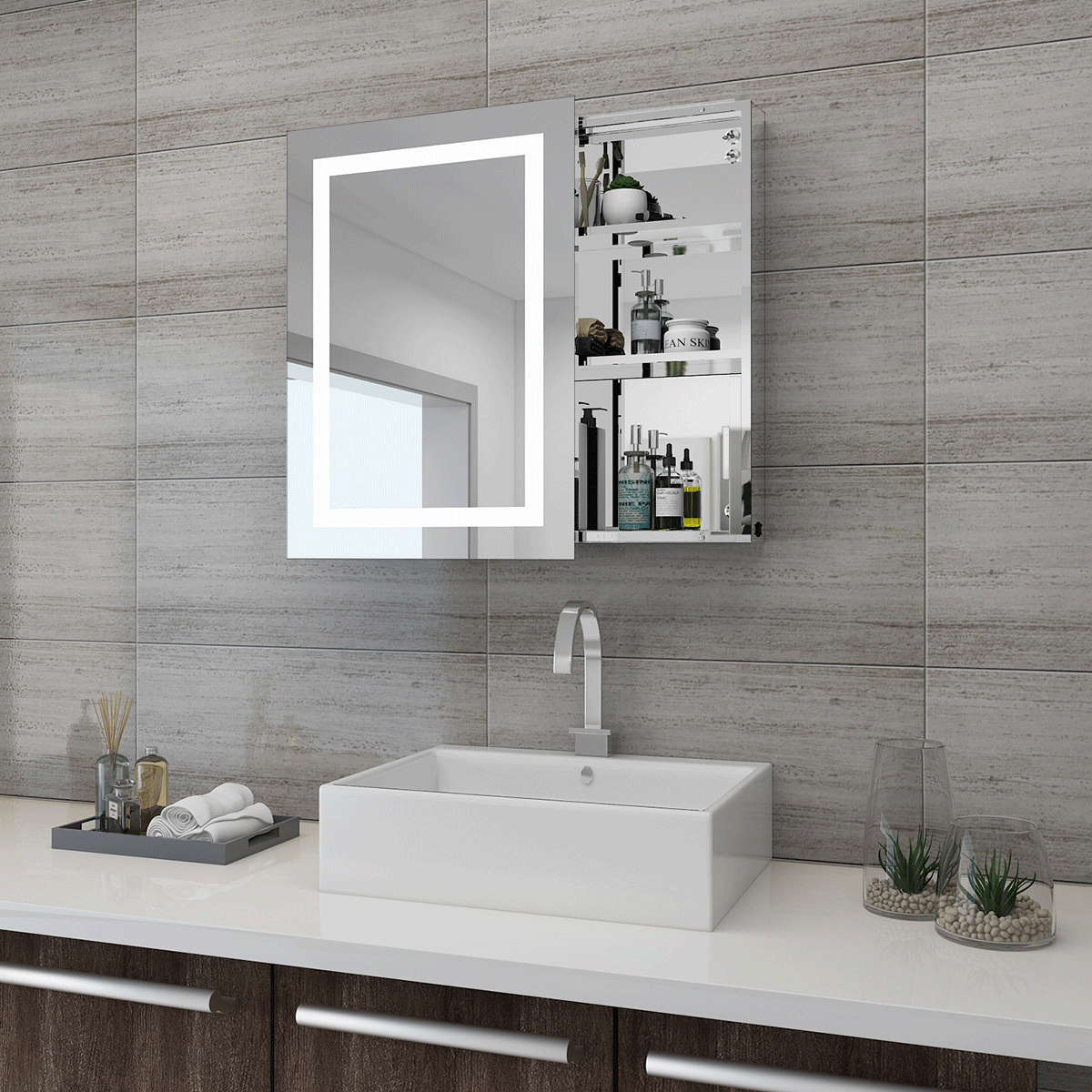 LED Spiegelschrank Hochglanz Wanschrank Badezimmerspiegel Badschrank mit Beleuchtung - Welcome