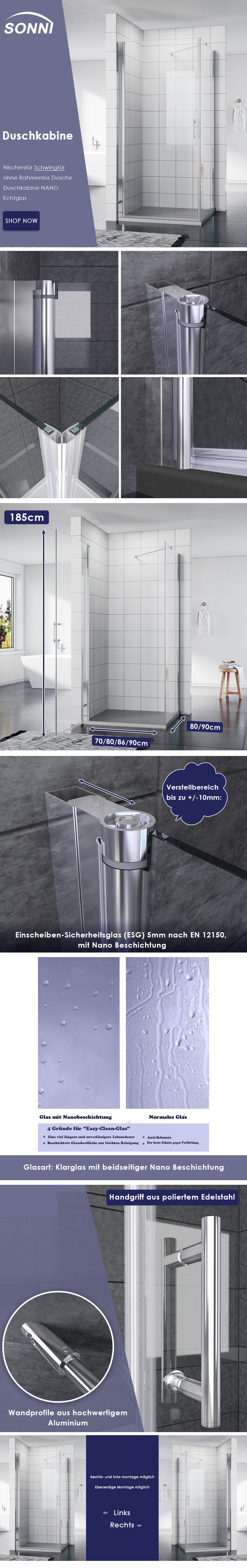 Duschkabine Schwingtur Nischentur Duschabtrennung Pendeltur Glas Nano Sonni Sanitar Gmbh
